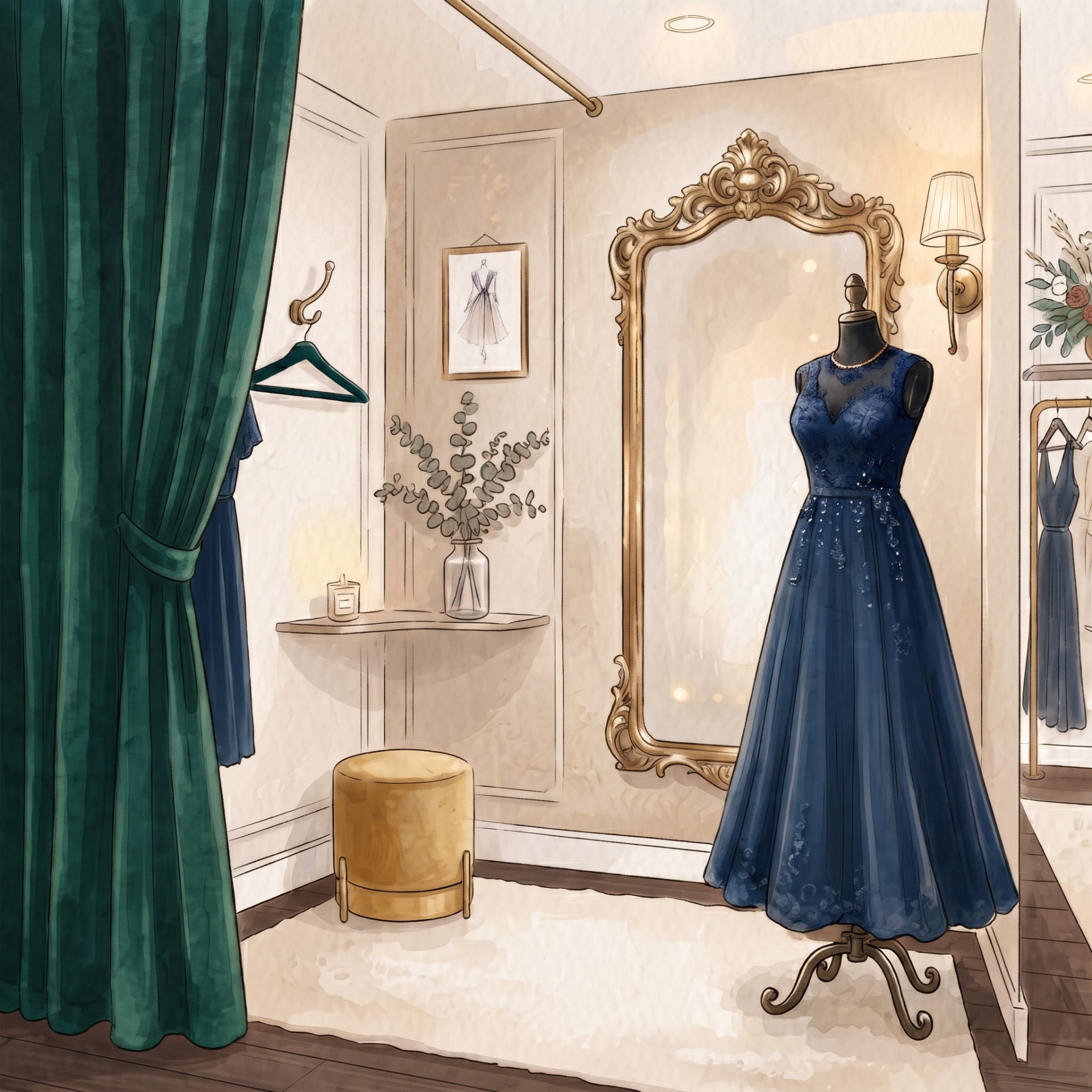 Ilustración de probador de boutique con vestido de gala