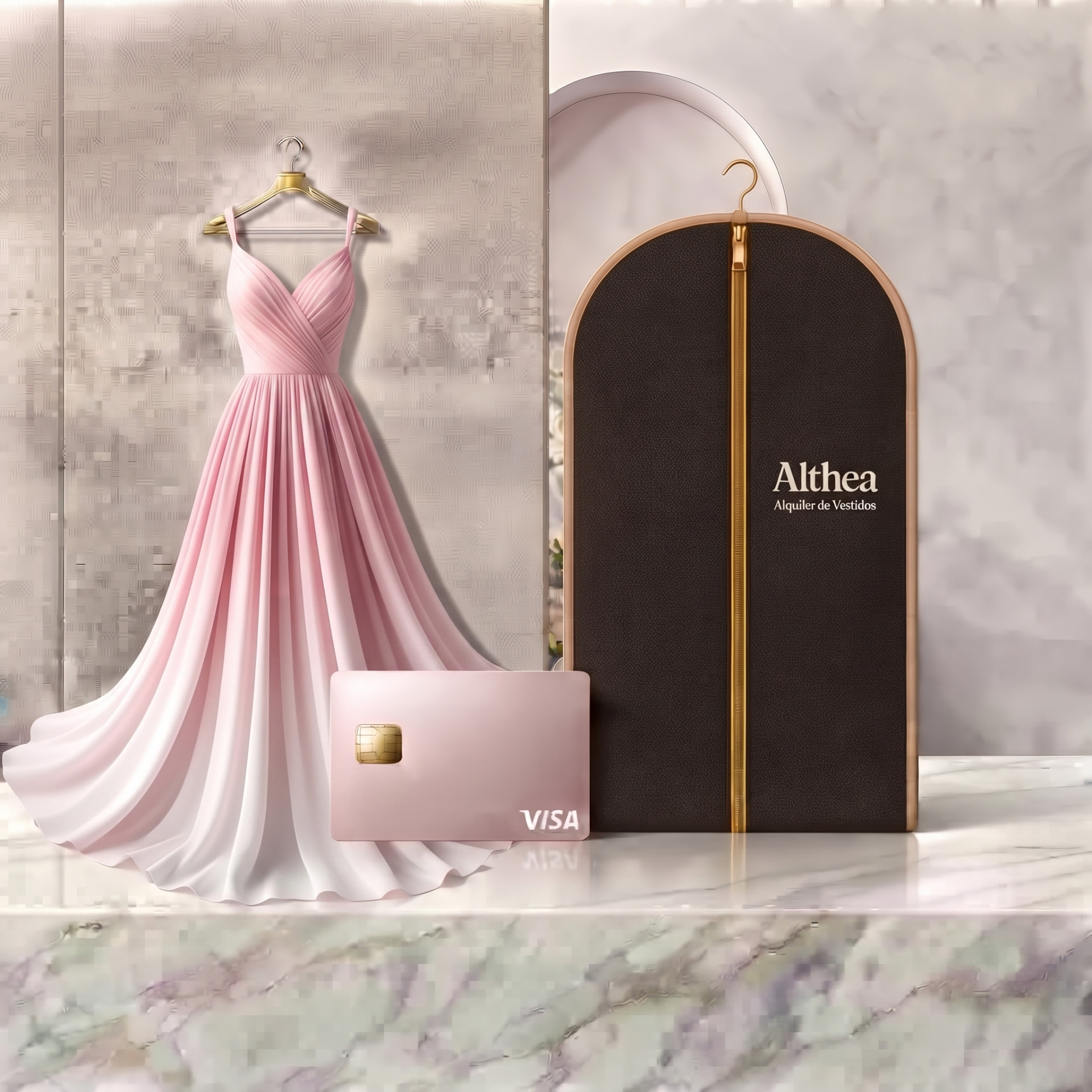 Ilustración de vestido, tarjeta de crédito y bolsa de alquiler