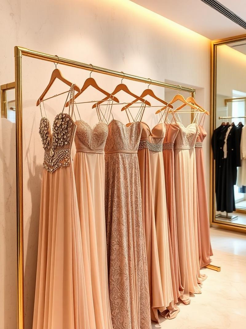 Vestidos de gala de diseñador colgados en una barra de bronce